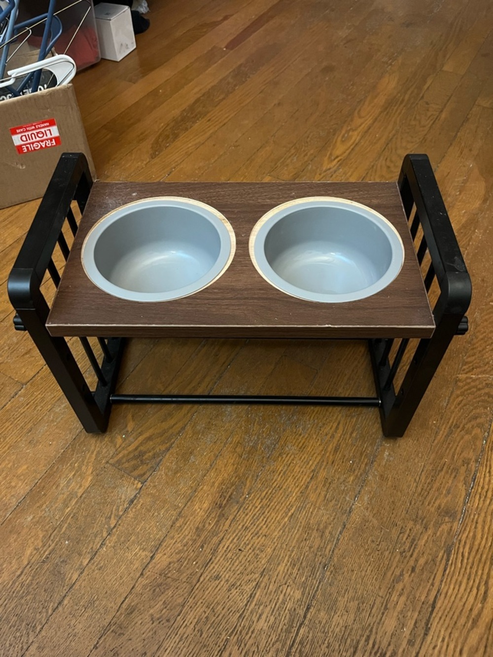 Elevated Double Pet Bowl Stand - Black Frame with Wood Top and Gray Bowls
